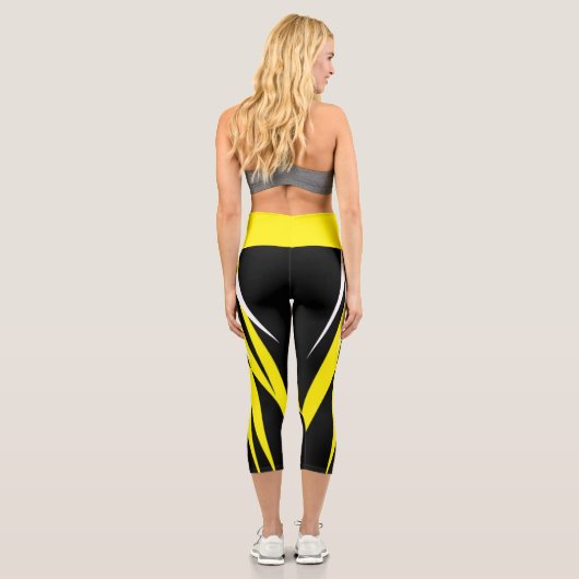 Leggings Capri Funky Bold Abstrait Art Noir Jaune Blanc (Verso)