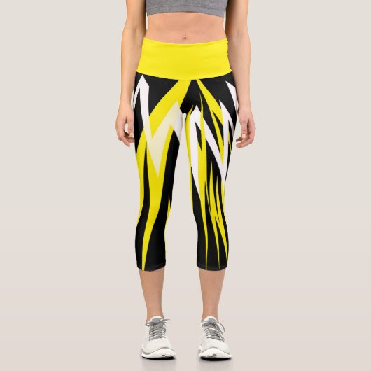 Leggings Capri Funky Bold Abstrait Art Noir Jaune Blanc (Recto)