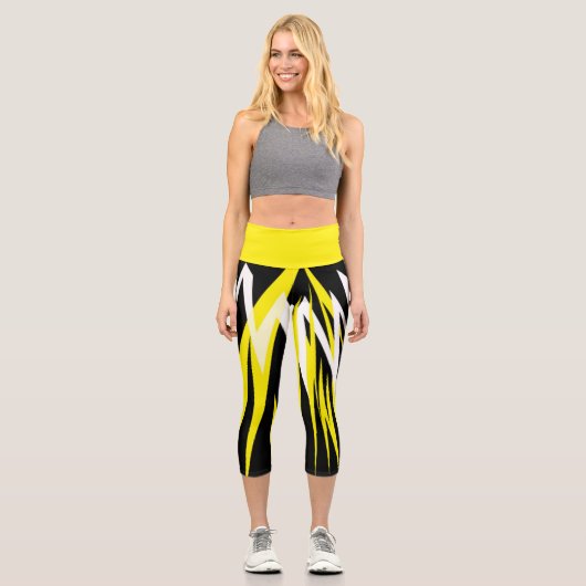 Leggings Capri Funky Bold Abstrait Art Noir Jaune Blanc (Recto)
