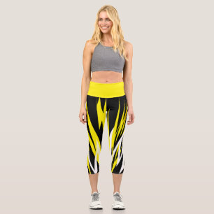 Leggings Capri Funky Bold Abstrait Art Noir Jaune Blanc