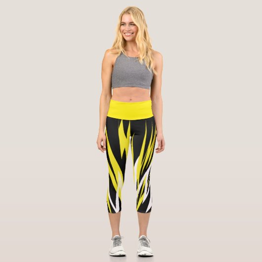 Leggings Capri Funky Bold Abstrait Art Noir Jaune Blanc (Recto)