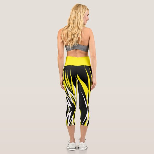 Leggings Capri Funky Bold Abstrait Art Noir Jaune Blanc (Verso)
