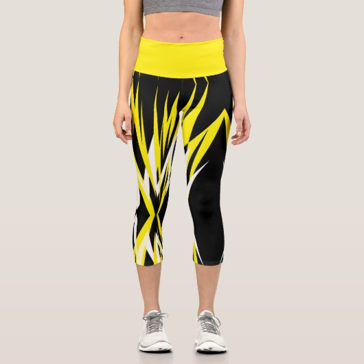 Leggings Capri Funky Bold Abstrait Art Noir Jaune Blanc (Recto)