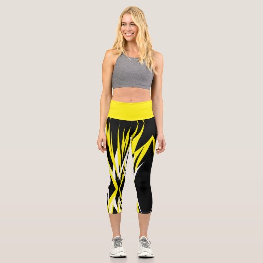 Leggings Capri Funky Bold Abstrait Art Noir Jaune Blanc (Recto)
