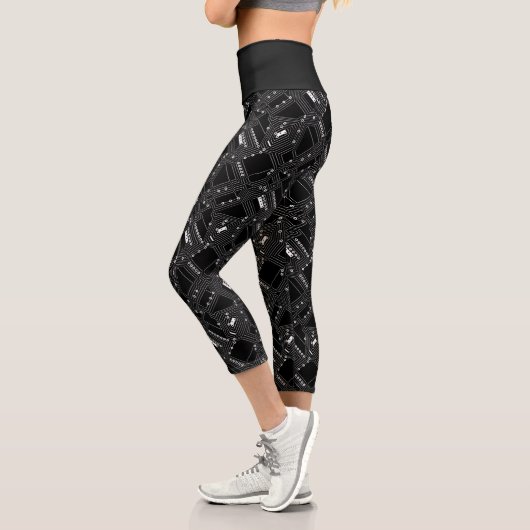 Leggings Capri Funky Retro Black White Computer Circuit Board (Gauche)