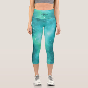Leggings Capri Galaxie bleue verte Monogramme et nom