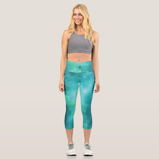 Leggings Capri Galaxie bleue verte | Monogramme et nom (Recto)