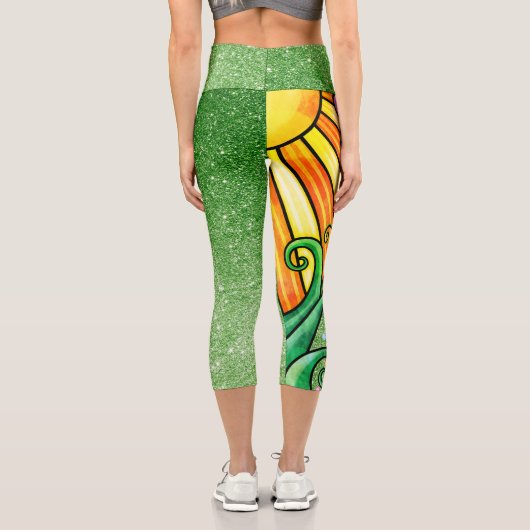 Leggings Capri Glam Parties scintillant verte - Fleur rétro, sole (Verso)