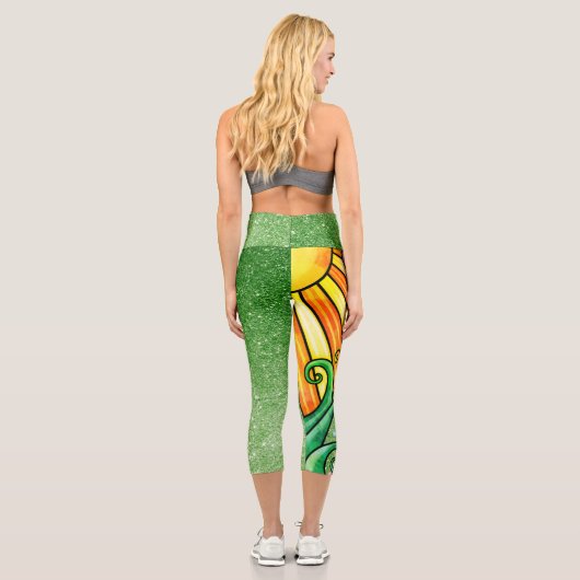 Leggings Capri Glam Parties scintillant verte - Fleur rétro, sole (Verso)