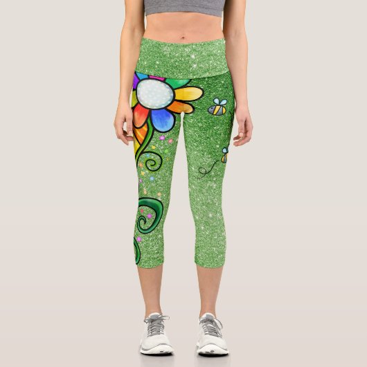 Leggings Capri Glam Parties scintillant verte - Fleur rétro, sole (Recto)