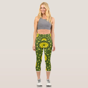 Leggings Capri Golden Green Sunburst Kaleidoscope motif floral