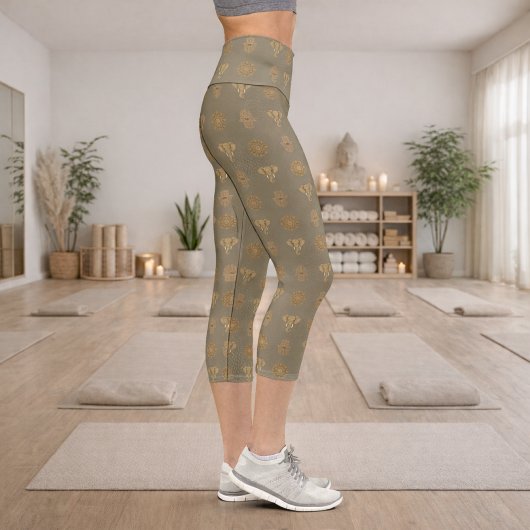 Leggings Capri Golden Mandala Elephant Hamsa Hand -Boho Art Print