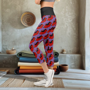 Leggings Capri Gothique Chat Noir Roses Rouges Violet
