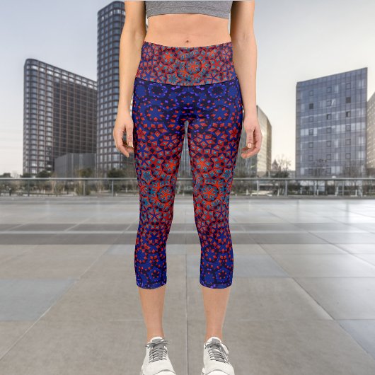 Leggings Capri Gras Bleu Et Rouge Motif Haut Taille Capris