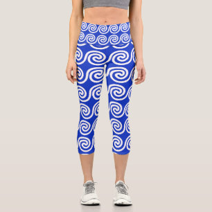 Leggings Capri Grec Meander Key Waves Motif Bleu