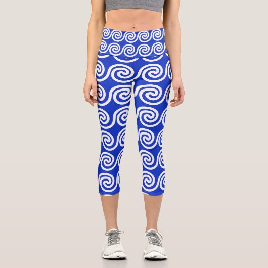 Leggings Capri Grec Meander Key Waves Motif Bleu (Recto)