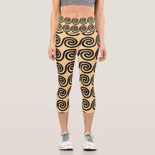 Leggings Capri Grec Meander Key Waves Motif Brown