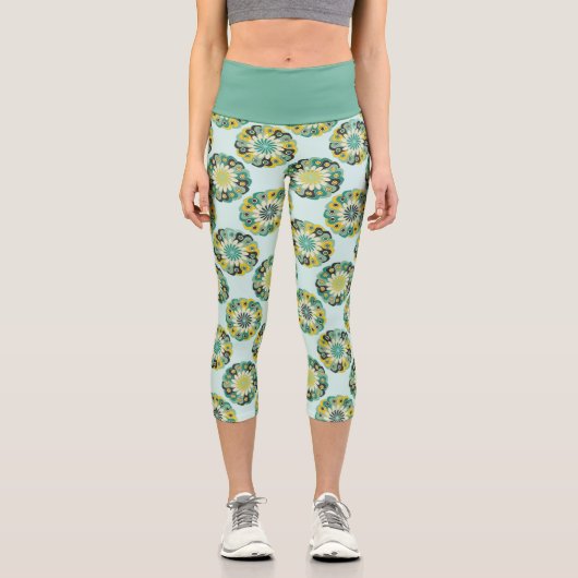 Leggings Capri Green and Teal Modern Geometric Flower Pattern (Recto)