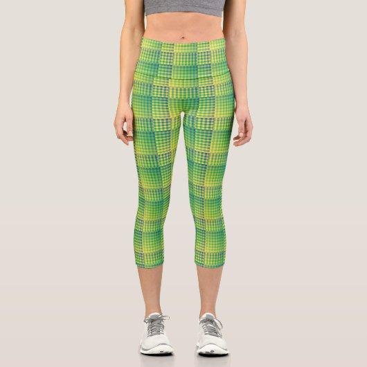 Leggings Capri Green Blue Checker Abstract Pattern (Recto)