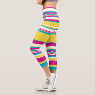 Leggings Capri Gris complexes -Turquoise, Jaune, Rose et Blanc