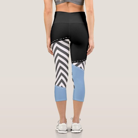 Leggings Capri Gris Zigzag, Gris Chevron, Motif Zigzag, Bleu (Verso)