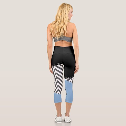 Leggings Capri Gris Zigzag, Gris Chevron, Motif Zigzag, Bleu (Verso)