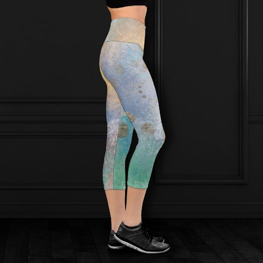 Leggings Capri Grunge Côtière | Aquarelle bleu et vert or