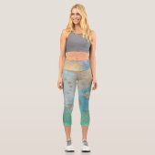 Leggings Capri Grunge Côtière | Aquarelle bleu et vert or (Recto)