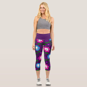Leggings Capri halloween crâne floral fleurs pourpre