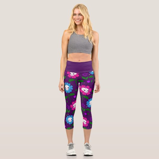 Leggings Capri halloween crâne floral fleurs pourpre (Recto)