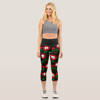 Leggings Capri halloween crâne floral fleurs rouge
