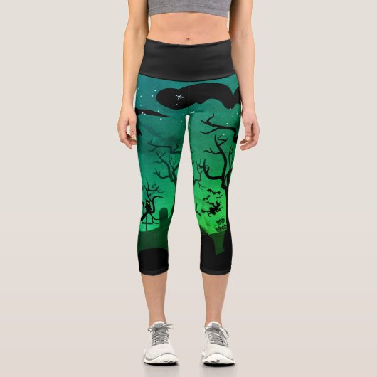 Leggings Capri Halloween néon vert et noir hanté cimetière Hallow (Recto)