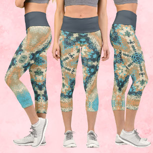 Leggings Capri Hex Mandala bleu et orange
