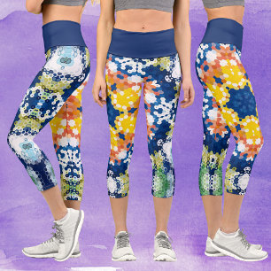 Leggings Capri Hex Mandala bleu jaune orange et vert