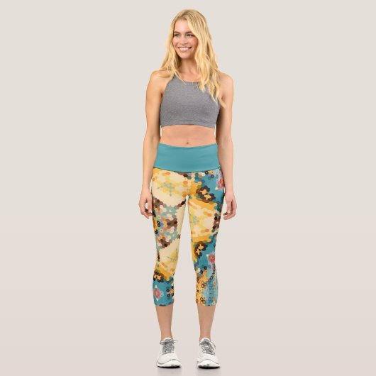 Leggings Capri Hex Mandala jaune et bleu (Recto)