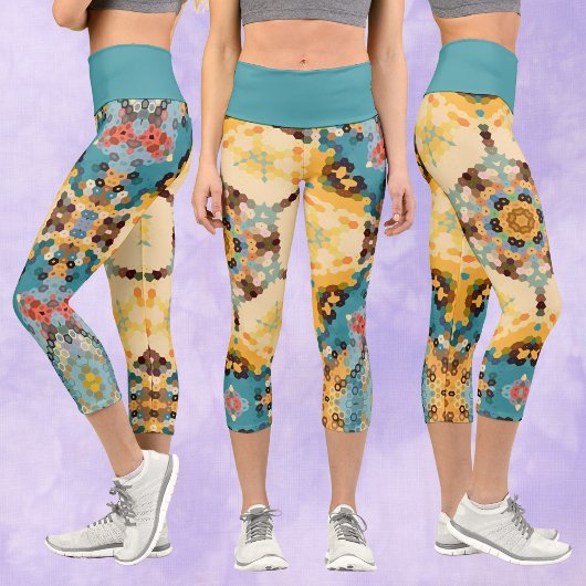 Leggings Capri Hex Mandala jaune et bleu