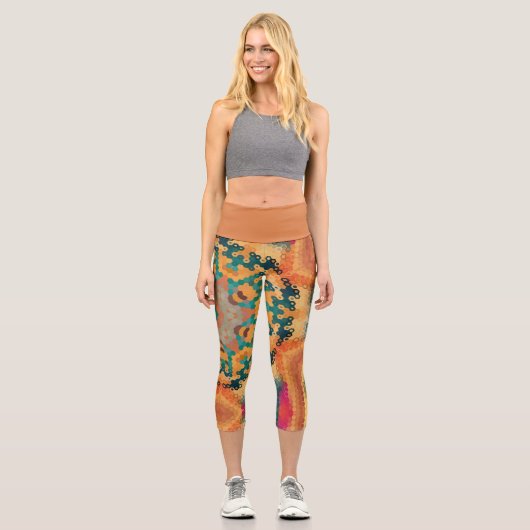 Leggings Capri Hex Mandala orange et bleu (Recto)