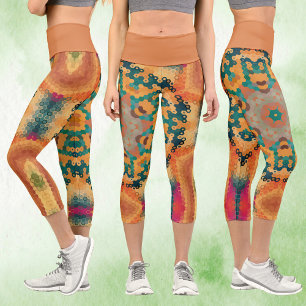 Leggings Capri Hex Mandala orange et bleu