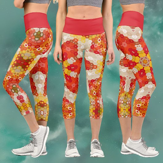 Leggings Capri Hex Mandala rouge et jaune