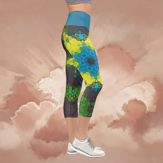 Leggings Capri Hex Mandala vert jaune et bleu