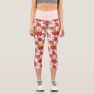 Leggings Capri Hibiscus floral rouge et rose