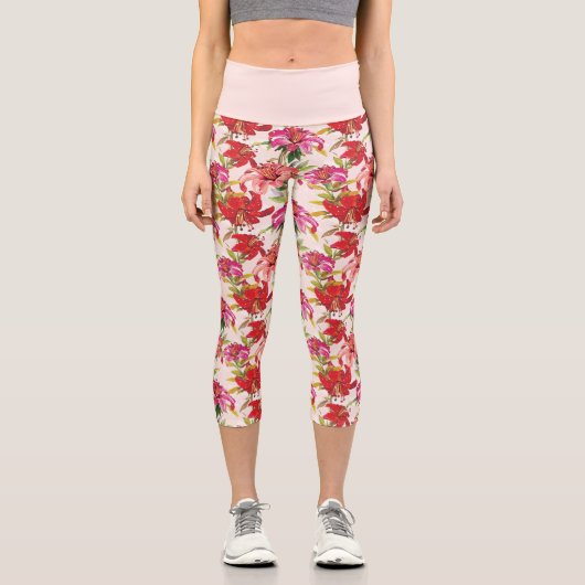 Leggings Capri Hibiscus floral rouge et rose (Recto)
