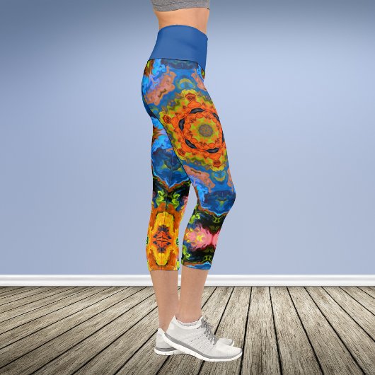Leggings Capri Hippie psychédélique Orange Bleu et Légendes Verte