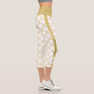 Leggings Capri Hippocampe pailleté or motif vague océanique Art d