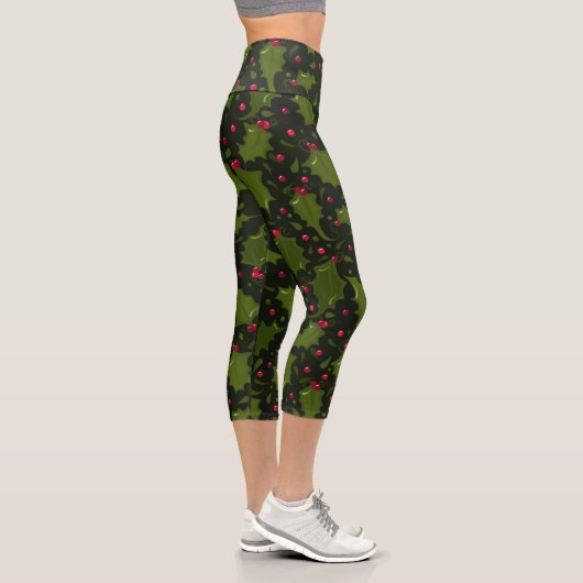 Leggings Capri Holiday Holly et Berries sur Dark Green (Droite)
