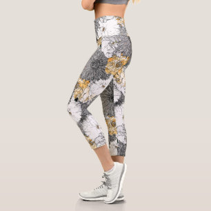 Leggings Capri Illustration florale mignonne jaune et gris