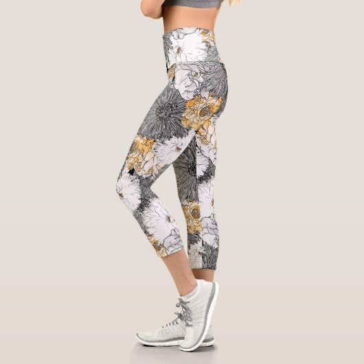 Leggings Capri Illustration florale mignonne jaune et gris (Gauche)