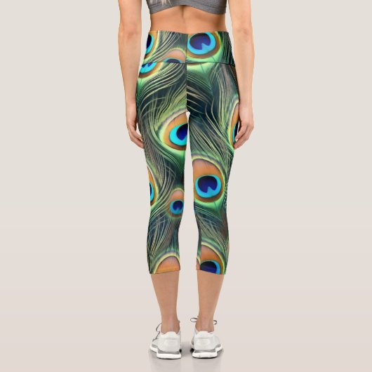 Leggings Capri Impression de plume de paon exotique vibrant (Verso)