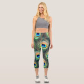 Leggings Capri Impression de plume de paon exotique vibrant (Recto)