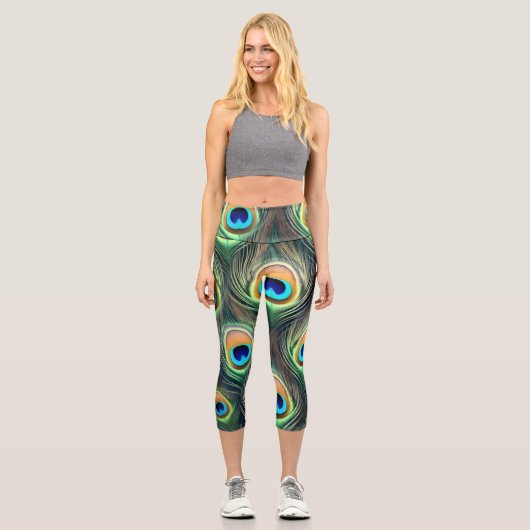 Leggings Capri Impression de plume de paon exotique vibrant (Recto)